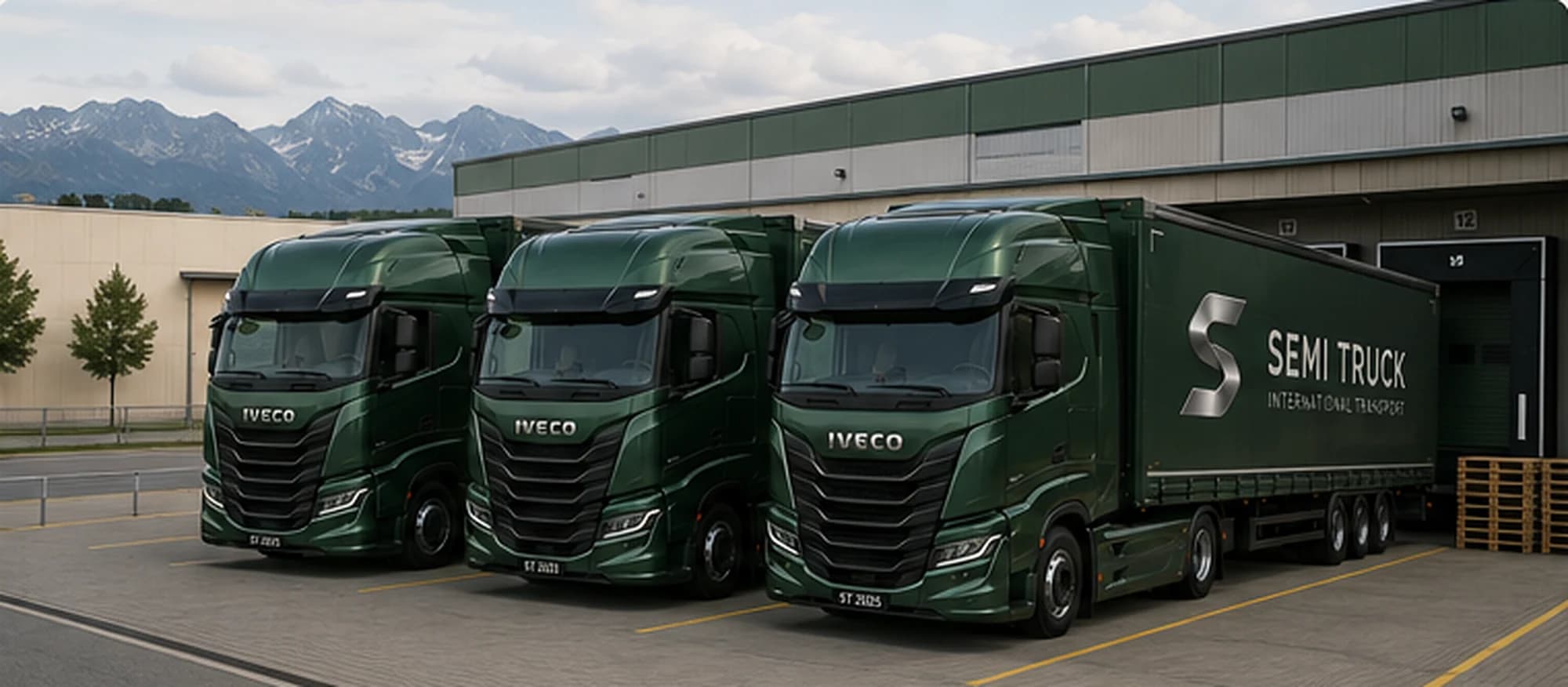 Trzy ciągniki IVECO S-Way z naczepami na placu logistycznym Semi Truck
